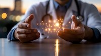 Professional man's hands cupping glowing magical light particles against blurred city backdrop at sunset, representing innovation, spirituality and business vision.