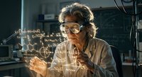 Senior male scientist with safety goggles examining glowing mathematical formulas and equations in modern laboratory setting for educational content.