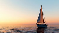 Sailboat drifting on calm ocean waters during golden sunset with orange and blue sky, creating peaceful seascape atmosphere for travel and adventure themes.