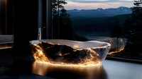 Luxurious illuminated stone bathtub with mountain view through panoramic window at dusk, creating serene spa atmosphere for relaxation and wellness.