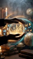 Hands protecting glowing sphere with financial charts, graphs and dollar symbols representing investment protection and wealth management strategies.