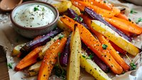 Colorful roasted rainbow carrots with creamy dip sauce served on parchment paper. Fresh herbs and black pepper garnish create appetizing healthy vegetable side dish perfect for food blogs.