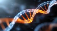 Glowing orange and blue DNA helix structure with particles and light effects on dark background, representing genetic research and biotechnology advancement.