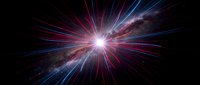 Bright starburst explosion with radiating red and blue light rays emanating from glowing center against dark space background for sci-fi and cosmic designs.