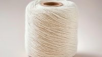 White cotton thread spool on neutral background, showing detailed fiber texture and winding pattern. Clean minimalist composition for crafting and sewing concepts.