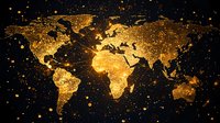 Golden world map with glowing city lights and connection lines on dark background, global network visualization showing Earth's illuminated regions at night.