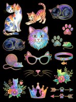 Colorful watercolor cat clipart set isolated on transparent background, featuring cats, paws, crown, glasses, and floral elements for stickers and t-shirt design.