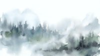 Misty forest landscape with evergreen trees emerging through fog and clouds in soft watercolor style for nature backgrounds and decor.