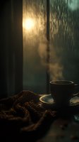 Steaming coffee cup on windowsill with knitted blanket during rainy evening, creating cozy atmosphere with golden sunlight filtering through raindrops.