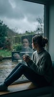 Woman sitting by window holding warm beverage during rainy day, looking outside at wet glass and garden landscape, contemplative mood for lifestyle and wellness content.
