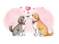 Two adorable dogs in love sharing romantic moment with hearts floating above on soft pink background for Valentine's Day greeting cards and pet themes.