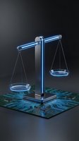Futuristic justice scales with glowing blue neon light stand on a circuit board, symbolizing AI law, digital ethics, and tech regulation.