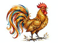 Colorful rooster with vibrant red, orange, and blue tail feathers isolated on white background, suitable for clipart, t-shirt designs, and decorative applications.