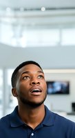 Young African American man in navy polo shirt looking upward with expression of wonder and aspiration in modern office environment with blurred background.
