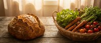Rustic artisan bread loaf beside wicker basket filled with fresh organic vegetables including carrots, lettuce, tomatoes on wooden table with warm sunlight.