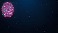 Digital fingerprint with glowing pink neon lines on dark starry background for cybersecurity and biometric authentication technology concepts.