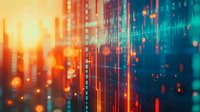 Stock market data visualization with candlestick charts and financial graphs overlaid on cityscape. Orange and blue color scheme represents trading activity and market trends for finance, investment and business concepts.