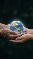Adult and child hands holding glowing Earth globe together against dark background, symbolizing environmental protection, sustainability, and global responsibility for future generations.