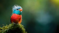 Vibrant tropical bird with bright turquoise head, spiky crest feathers, and orange-red breast perched on moss against blurred natural green background, displaying exotic plumage.
