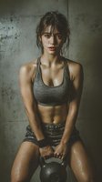 Athletic Asian woman in sports bra holding kettlebell after intense workout session with sweat and dramatic lighting against concrete wall background.