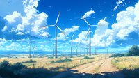 Wind turbines on rolling hills against bright blue sky with white clouds, dirt road leading through sustainable energy farm landscape. Clean power generation concept.