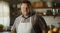 Confident plus size male chef in plaid shirt and white apron smiling warmly in rustic kitchen setting with wooden shelves and natural lighting. Perfect for food industry.