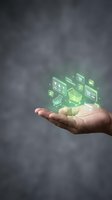 Hand holding glowing green digital commerce icons with shopping carts and online store symbols, representing futuristic e-commerce technology concept.