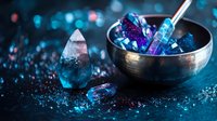 Mystical crystal points and clusters in metallic bowl against dark background with glowing blue bokeh lights and scattered sparkles. Spiritual healing concept.