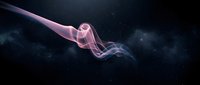 Abstract flowing energy wave with pink and blue luminescent trails against dark starry space background, suitable for technology, science fiction, and digital innovation concepts.