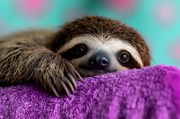 Adorable sloth peeking over purple blanket with curious expression against turquoise background, close-up portrait showing distinctive features and furry face.