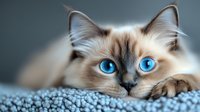 Close-up portrait of ragdoll cat with striking blue eyes lying on textured blue fabric. Soft focus composition highlights feline facial features and cream colored fur.
