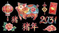 Colorful Chinese New Year of the Pig clipart set, isolated on transparent background. Includes lantern, peony, lucky knot, red envelope, clouds, and 2031. Great for stickers, T-shirts, print on demand.
