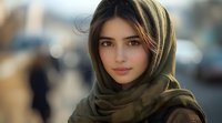 Young Middle Eastern woman wearing olive green hijab smiles gently at camera with soft natural lighting and blurred urban background creating atmospheric portrait.