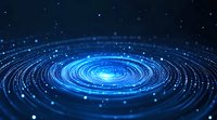 Glowing blue spiral galaxy with bright center and luminous rings against dark starry background, creating cosmic energy visualization for astronomy concepts.