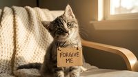 Adorable tabby kitten with green eyes wearing wooden sign saying forgive me, sitting on cozy chair with knitted blanket in warm sunlit room.