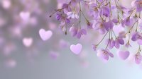 Delicate purple cherry blossoms with floating pink hearts create romantic spring atmosphere. Soft bokeh background for wedding invitations and love themes.