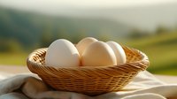Fresh farm eggs in woven wicker basket against blurred green countryside background, natural organic food concept for healthy lifestyle and cooking.