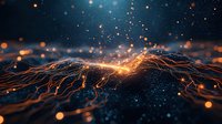 Glowing orange energy waves flow across dark cosmic background with luminous particles and light streaks creating futuristic abstract network visualization.