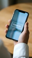 Hand holding a smartphone displaying a Follow Us message on screen, symbolizing social media engagement and digital marketing strategy.