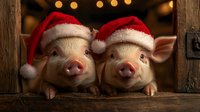 Two adorable piglets wearing red Santa hats peek through wooden barn door opening with warm golden lights creating festive Christmas atmosphere.