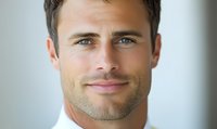 Confident male professional with stubble beard and gentle smile looking directly at camera against light background, expressing trust and approachability.