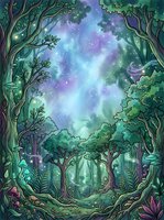 Enchanted forest clearing with towering trees framing a magical starry sky filled with purple and blue nebula clouds, glowing orbs, and mystical atmosphere for fantasy and nature designs.