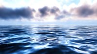 Dramatic seascape with dark stormy clouds over rippling blue ocean waters at dawn, creating moody atmosphere with light breaking through cloudy sky.