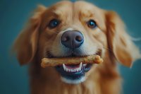 Golden retriever dog holding bone treat in mouth with bright blue eyes against teal background, showing playful expression and healthy teeth in close-up portrait.