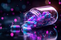Glowing medical capsules with magical sparkles spilling from glass container against dark background with pink and blue neon reflections and bokeh effects.