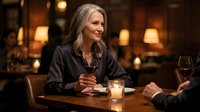 Elegant senior Caucasian woman with gray hair enjoying red wine at a candlelit restaurant table, smiling warmly during a dinner date.
