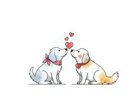 Two adorable cartoon puppies sitting together with hearts floating above, expressing love and friendship for romantic greeting cards and pet designs.