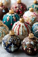 Elegant holiday ornaments with intricate designs in teal, burgundy, white, and navy featuring gold accents and festive embellishments for seasonal decorating.