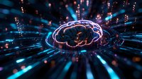 Glowing digital brain with radiating light beams against dark background showcases artificial intelligence and neural network concept in futuristic style.