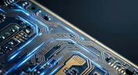 Close-up macro view of electronic circuit board with glowing blue traces and golden components. Modern technology hardware for digital devices and computing.